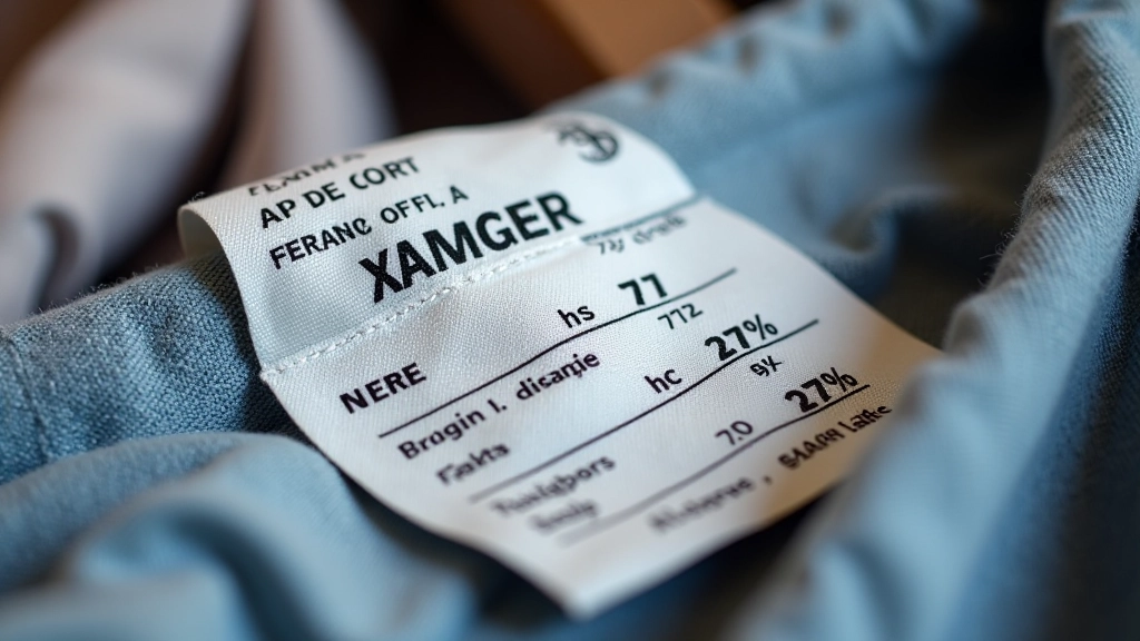 Étiquette de composition textile et d'entretien sur un vêtement en magasin, montrant le pourcentage de matière
