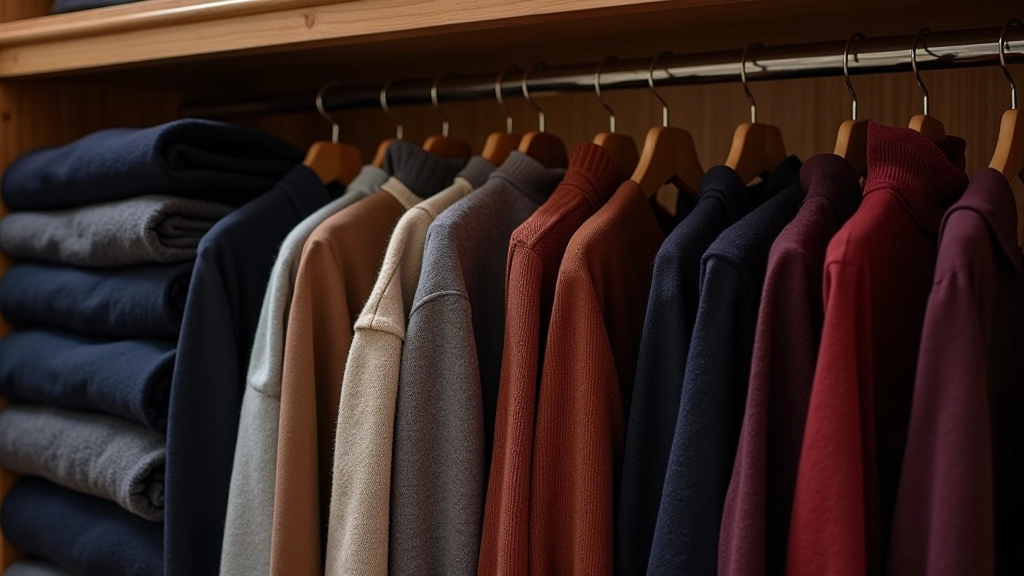 Étagère avec piles de pulls, vestes et pulls à col roulé en teintes d'automne