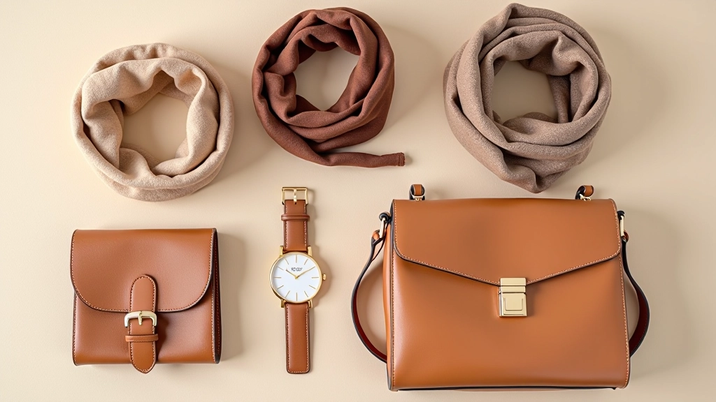 Accessoires de mode: ceinture, foulard, montre et sac à main dans des tons neutres et classiques