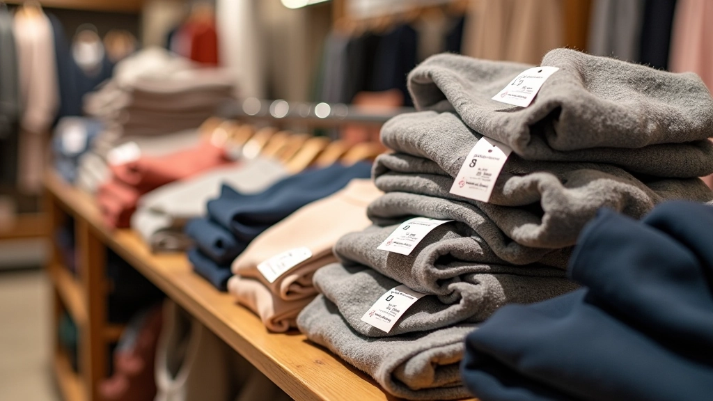 Vêtements pliés avec étiquettes de prix et réductions affichées sur une table de magasin