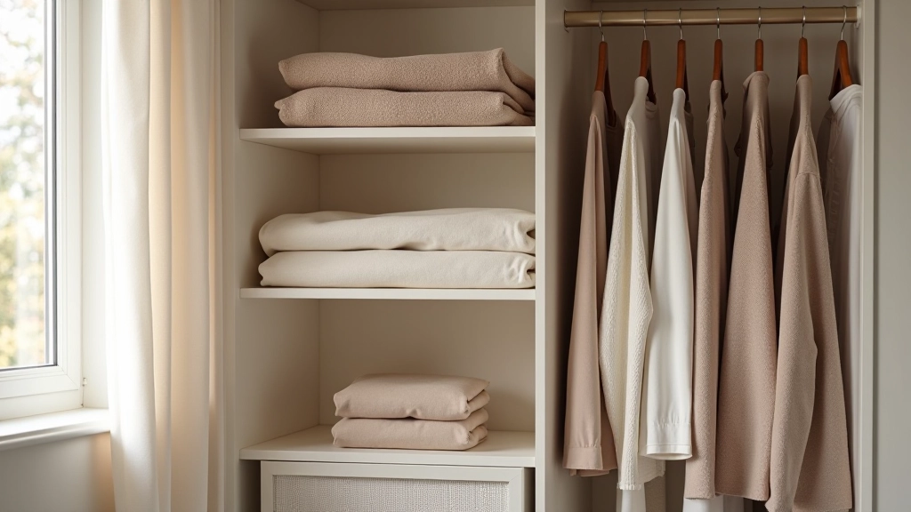Rangement organisé de vêtements neutres et coordonnés dans une penderie minimaliste