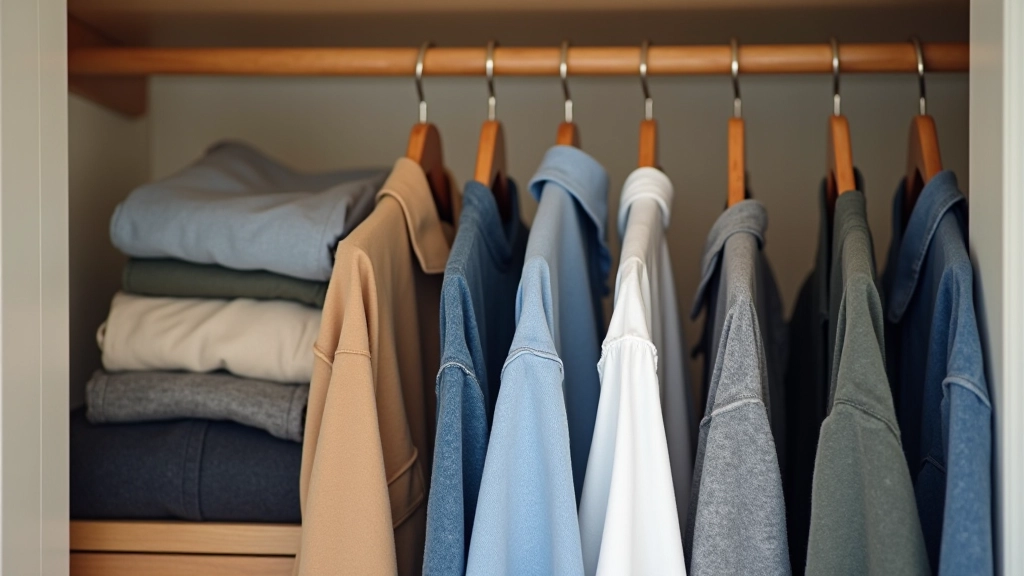 Armoire organisée avec vêtements bien rangés, plis horizontaux visibles, cintres en bois, intérieur propre et aéré