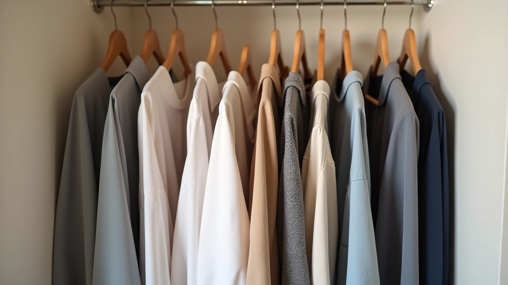 Étalage de vêtements soigneusement organisés sur des cintres en bois dans une garde-robe minimaliste