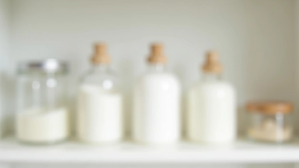 Étagère de produits de nettoyage naturels : vinaigre blanc, bicarbonate, savon doux dans des bocaux clairs