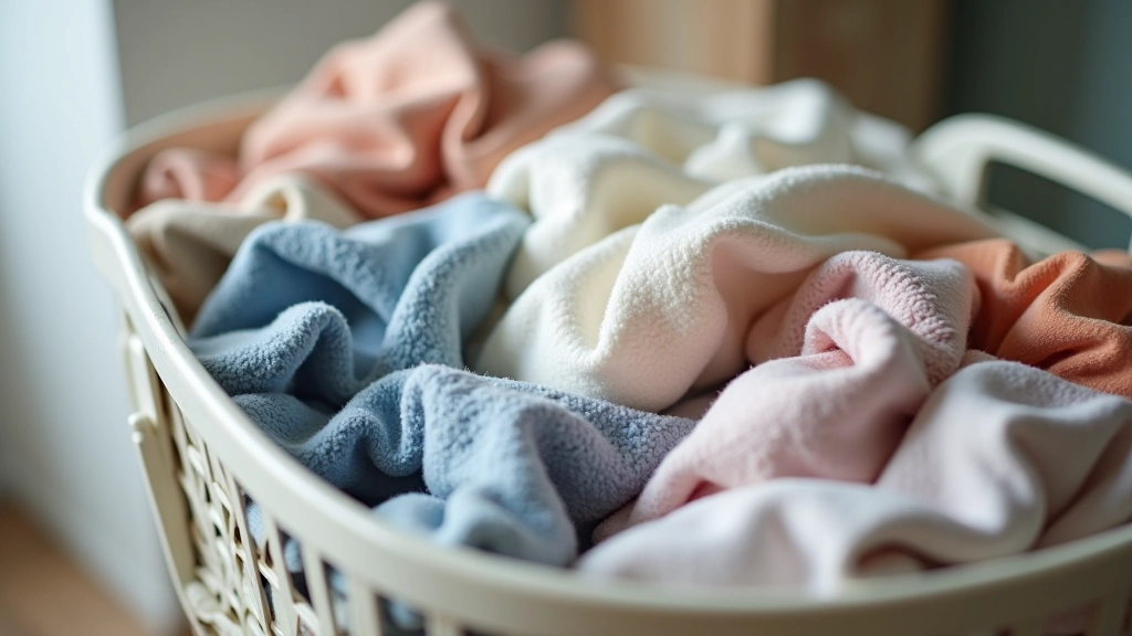 Panier de linge trié par type de tissu avec symboles de lavage en gros plan