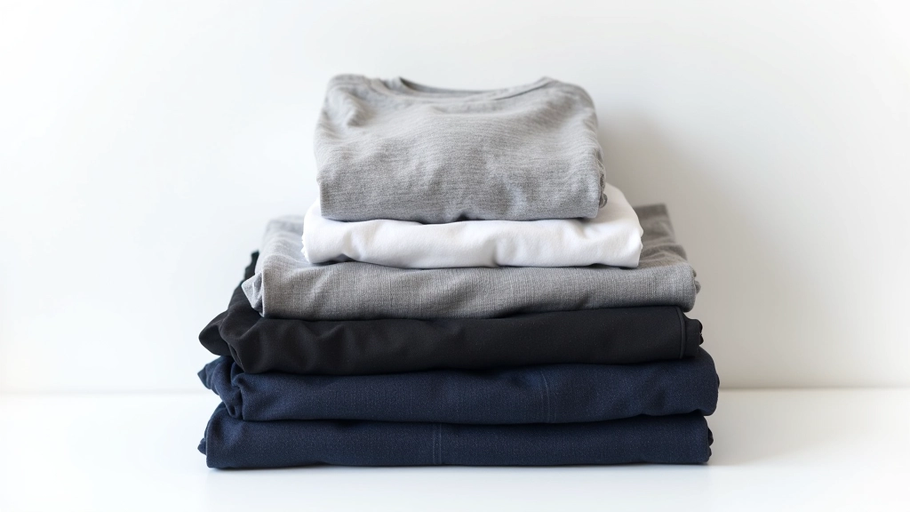 Pile soigneusement organisée de vêtements neutres: jean bleu marine, pantalons noirs, t-shirts blancs, pulls gris