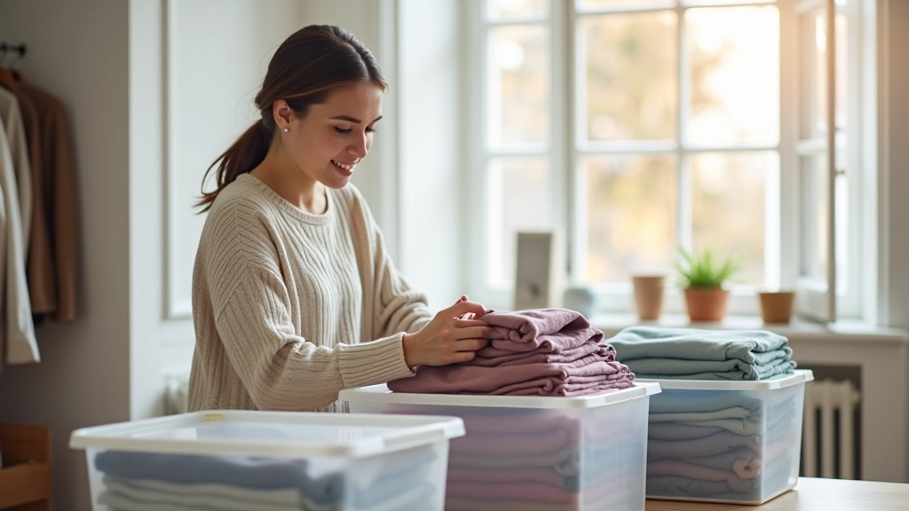 Femme triant des vêtements saisonniers dans une boîte de rangement bien organisée
