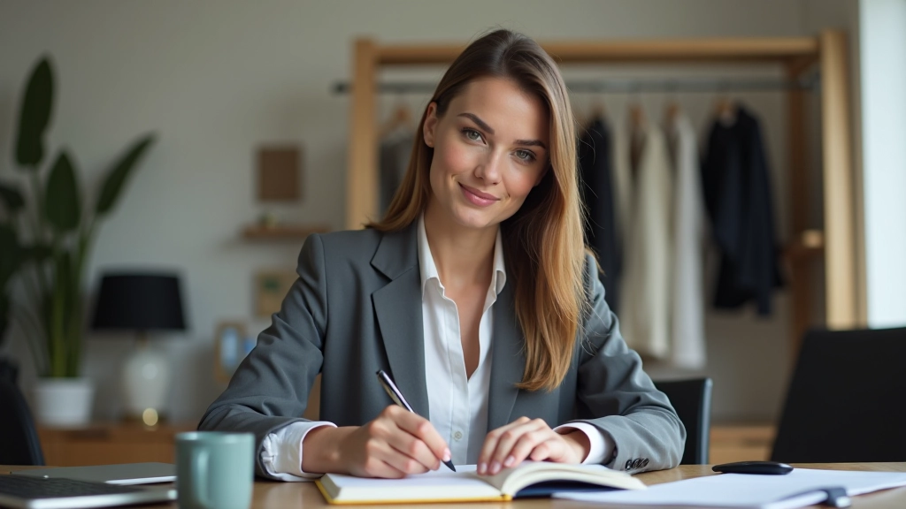 Femme assise à un bureau avec un carnet, notant les pièces vestimentaires essentielles pour l'automne